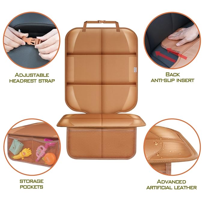 Meolsaek Car Seat Protector for Child Car Seat, Durable 600D Fabric Waterproof Car Seat Cover with Thick Pad Non-Slip Backing，No Imprints (Tan-2 pcs)