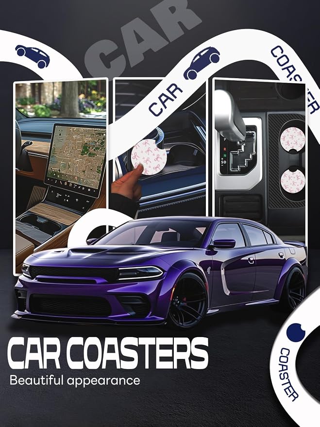 WOCOCN Car Coasters,Cup Holder Coasters for Car,2.75inch Anti Slip and Absorbent,Cute Automotive Interior Accessories for Cup Holder,Pack of 2 (Love Bow)