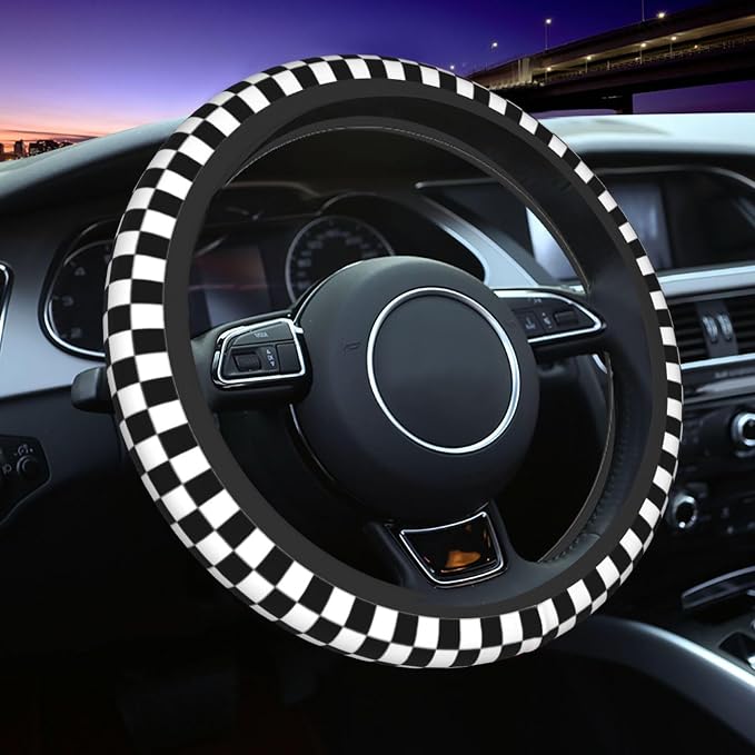 Racing Flag Steering Wheel Cover - Black and White Checkered Steering Wheel Cover Anti-Slip Breathable for 15 in Universal 2 Pcs Car Interior Cup Holder Pad for Men Women