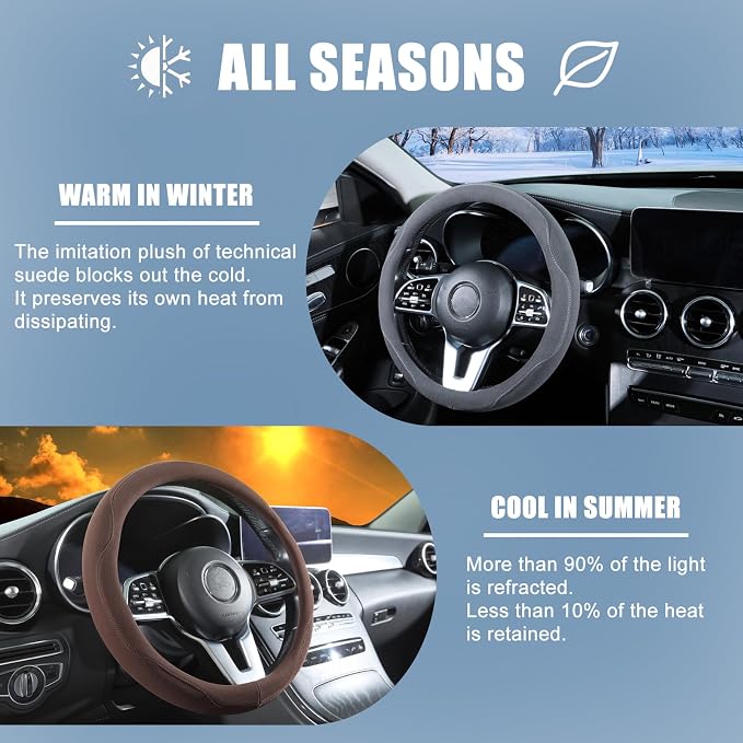 Brown Suede D Shaped Steering Wheel Cover 13.5 inch to 14 inch | Warm in Winter and Cool in Summer, Small Felt Car Accessories, Breathable Non-Slip Sweat-Proof Wear-Resistant