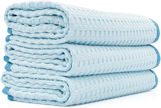 The Rag Company Dry Me A River, Professional Korean 70/30 Blend Microfiber Waffle-Weave Drying & Detailing Towels, Soft Suede Edges, 390 GSM, 16x24 Inches, Light Blue, 3-Pack