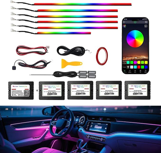 RGB 10 in 1 Interior Car LED Strip Light with Wireless APP,16 Million Interior Lights Car Dreamcolor Acrylic Ambient Lighting 600 LED Music Sync Neon Lights Kits (10 in 1 Set + App Control)