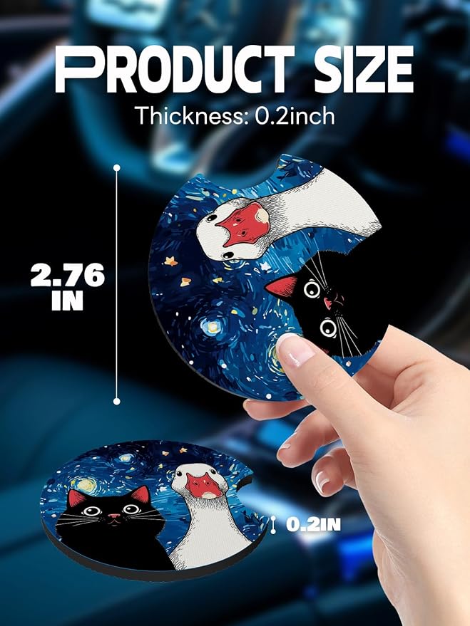 WOCOCN Car Coasters,Cup Holder Coasters for Car,2.75inch Anti Slip and Absorbent,Cute Automotive Interior Accessories for Cup Holder,Pack of 2 (Cat and Goose)
