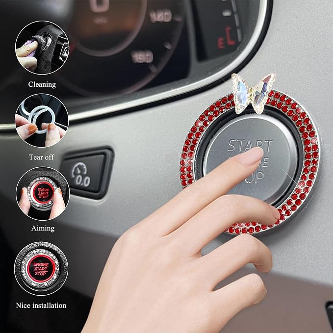DXNQ 2PCS Bling Ring Emblem, Sparkling Butterfly Car Buttons and Knobs Ring, Girly Butterfly Diamond Car Engine Start Button Cover, Key Ignition Knob Rings Decoration for Women (Red, Double Row)