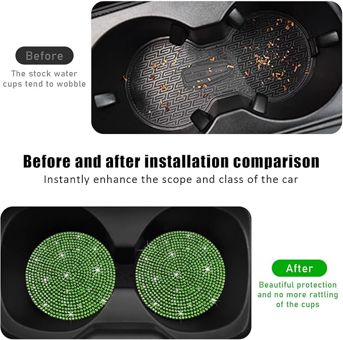 Ziciner 2PCS Bling Car Cup Holder Coaster, 2.73 Inch Anti-Slip Cup Insert Coasters, Crystal Rhinestone Auto Drink Cup Mat, Universal Interior Decor Car Accessories for Women Girls (Light Green)