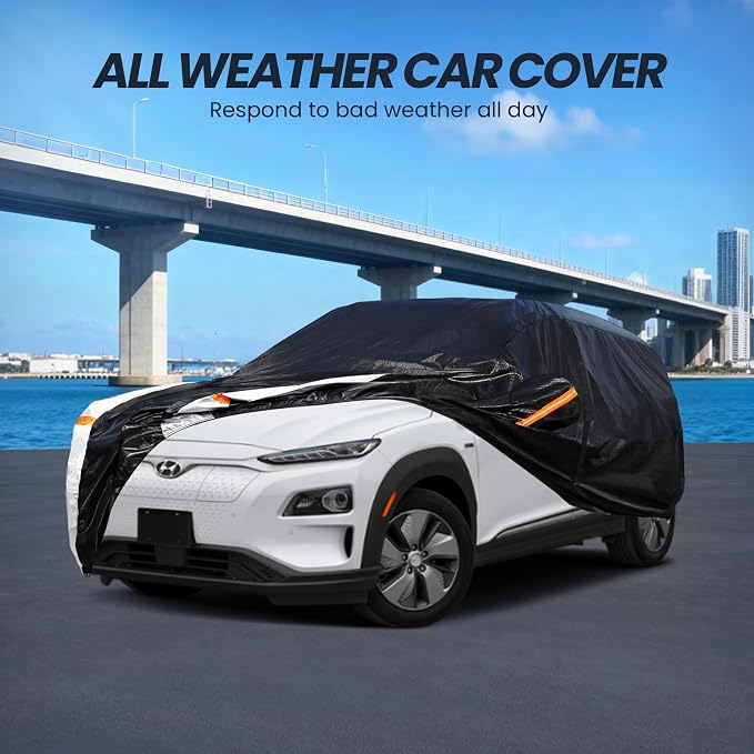 Multi-Layer Car Cover Custom Fit for Hyundai Kona(EV)(2017-2026), 100% Waterproof All Weather for Automobiles, Gift with Towel, Heavy Duty Car Covers for Rain Sun UV Protection with Door Zipper.