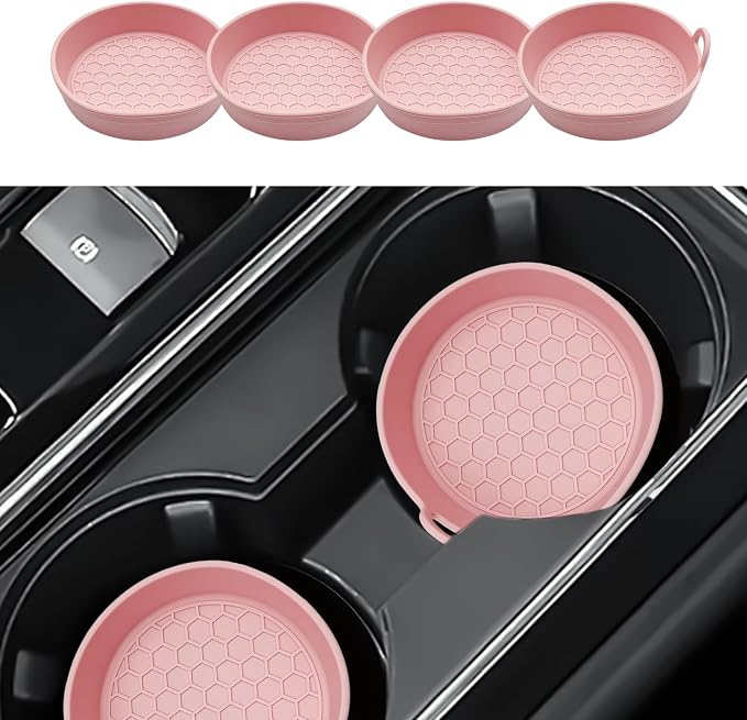 4 Pack Car Cup Holder Coaster, Universal Silicone Non-Slip Insert Pad, Waterproof Spill-Proof Drink Mat for SUV Sedan Truck, Automotive Interior Accessories(Pink)