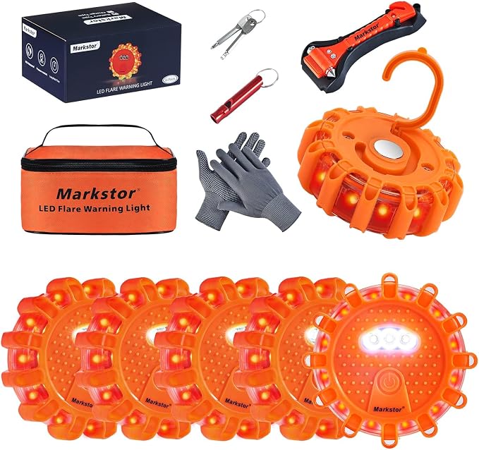 LED Road Flare Warning Light Full Emergency Safety Kit Battery Powered with Hammer Whistle Gloves