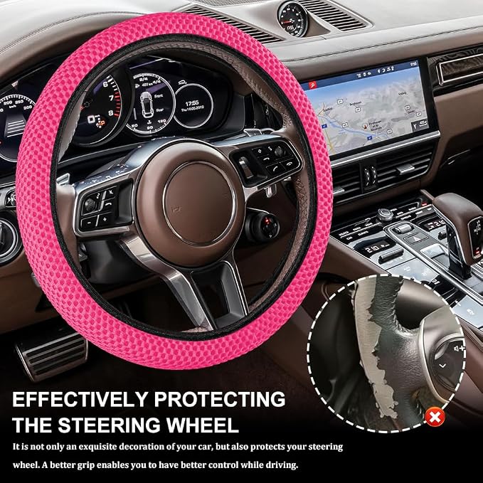 Breathable Elastic Steering Wheel Cover,15 Inch Stretch Steering Wheel Protector,Microfiber Ice Silk Anti-Slip Car Wheel Cover,Odorless Comfort Grip Interior Accessory for Cars SUV Truck（Rose Red）