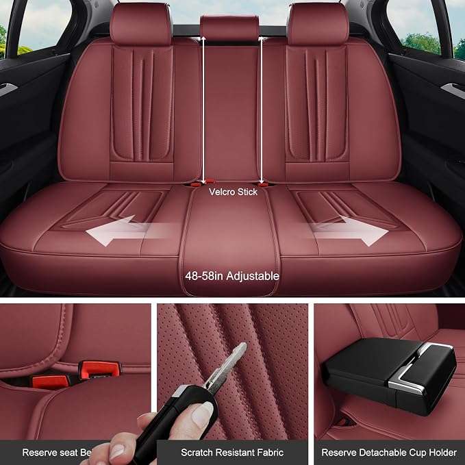 Car Seat Covers Full Set Burgundy, Premium Leather Car Seat Covers, Waterproof and Breathable Seat Covers, Universal Car Seat Protector Fit for Cars, Trucks, SUVs, Pick-ups (Wine Red, FullSet)