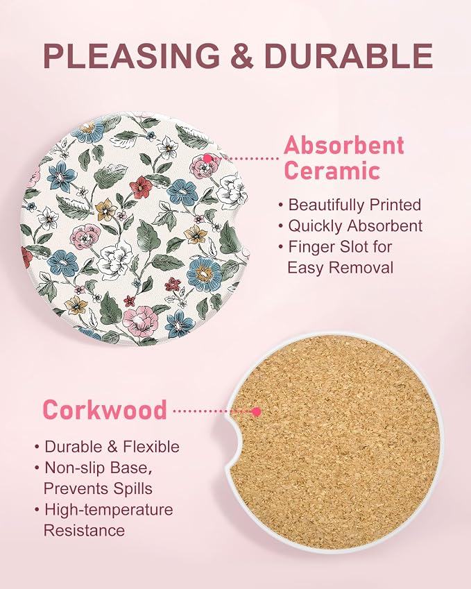 Swooflia Floral Absorbent Ceramic Car Coasters Set of 2, Cute Botanical Wildflower Cup Holder Coasters for Car, Pink Blue Flower Car Accessories for Women, Unique Gifts for Mom, Friends, Teachers