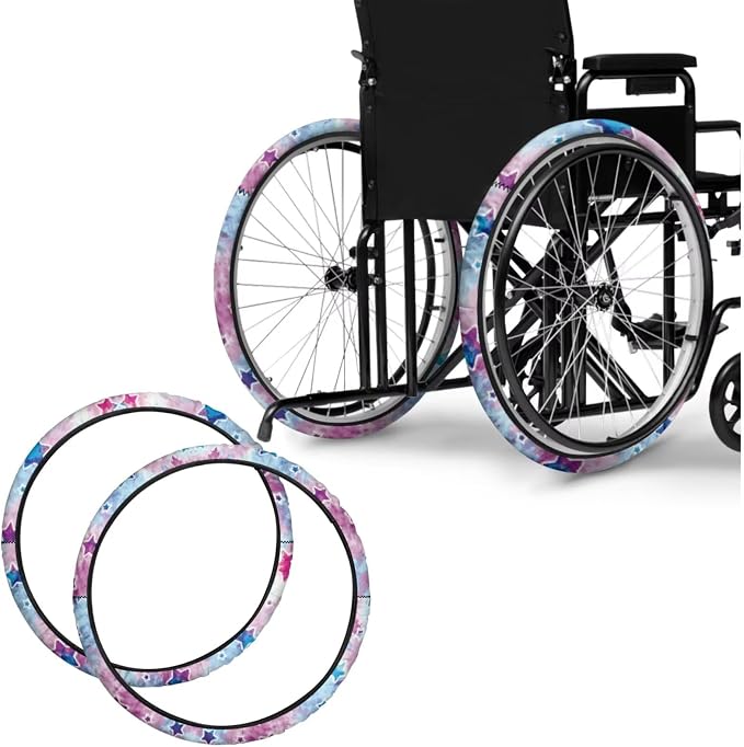 2 Pairs Wheelchair Tire Covers Protectors Watercolor Pink Blue Tie-Dye Stars 24 Inch Wheelchair Cover Non Slip Wear Resistant Wheelchairs Ring Protective Covers for Adults