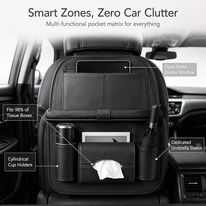2 Pack Leather Look Car Backseat Organizer with Tablet Holder, Foldable Tray, 8 Storage Pockets, Cup Holder, Tissue and Umbrella Slots, Seat Back Protector Kick Mat for Cars SUVs Trucks