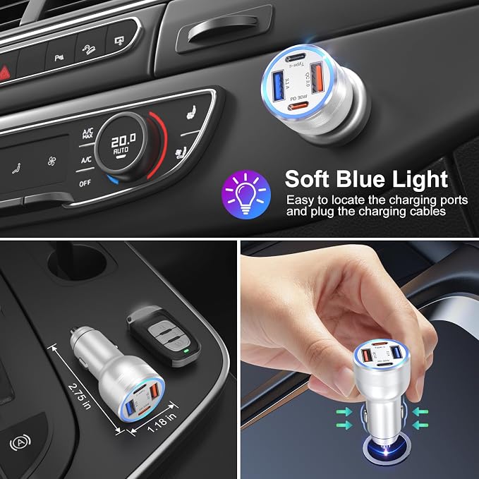 USB C Car Charger, 4 Port 65W Super Fast Charging Cigarette Lighter Adapter | QC/PD 30W Car Phone Charger 12V USB Car Outlet Adapter,for iPhone 17 16 15 14 13 12 iPad Pro,Samsung,Pixel(Silver)