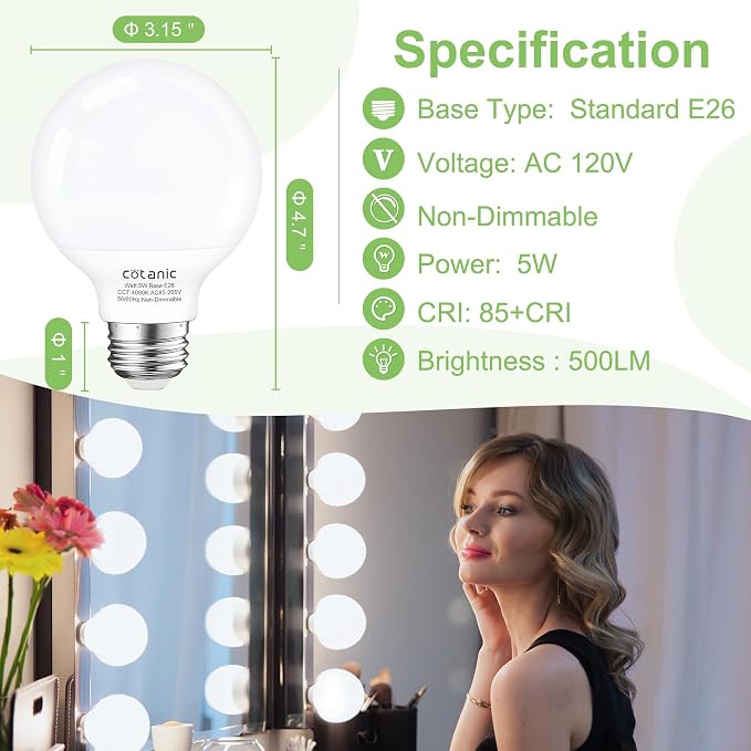 Cotanic G25 LED Globe Light Bulbs, 5W Vanity Light Bulb (60W Equivalent),Daylight 4000K,Non-dimmable Makeup Mirror Lights for Bedroom,Led Bathroom Light Bulbs,E26 Medium Screw Base,500lm,Pack of 4