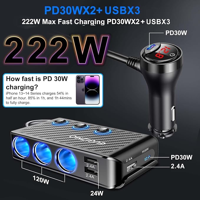 EUGIZMO 8 in 1 Cigarette Lighter Adapter,3 Socket Car Charger Plug Splitter | 12V/24V PLug in Outlet with Voltage Visible Independent Switches 2 PD30W & 3 USB-A Ports Fast-Charge Phones and Dash Cams