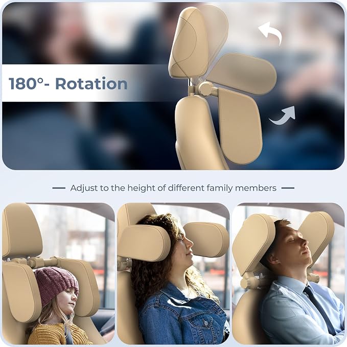Adjustable Car Headrest Pillow, Road Pal Headrest, U-Shaped Travel Sleeping Pillow for Kids & Adults, Head Neck Support Only Suitable for Car Seat Headrest with Poles, Khaki