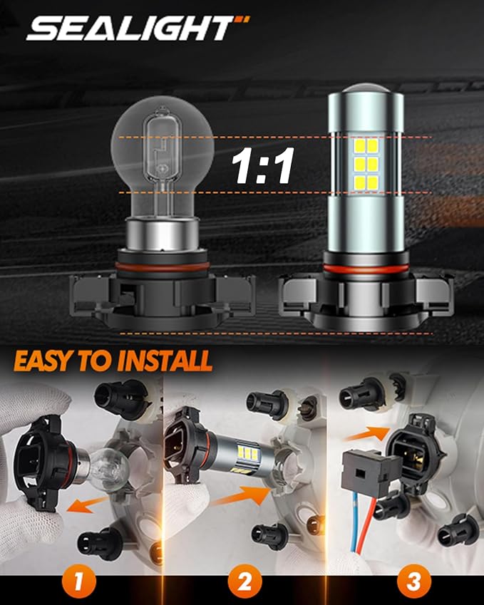 SEALIGHT 5202 LED Fog Lights Bulbs, 5201 PS19W PS24W 9009 5202 LED Bulbs Fog Light Bulbs 1:1 Design, 6000K Xenon White 27 SMD Chips 360-Degree Illumination Fog Lights LED for Car Truck, Pack of 2