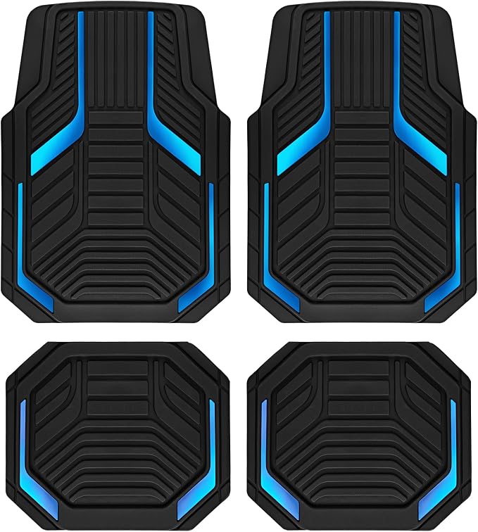 PIC AUTO Heavy Duty Rubber Floor Mats, Blue Aluminum Film Car Mats Set, Front and Rear Car Mats with Anti-Slip Backing, All Weather Protection, Trim-to-Fit for Automotive SUV, Sedan, Van