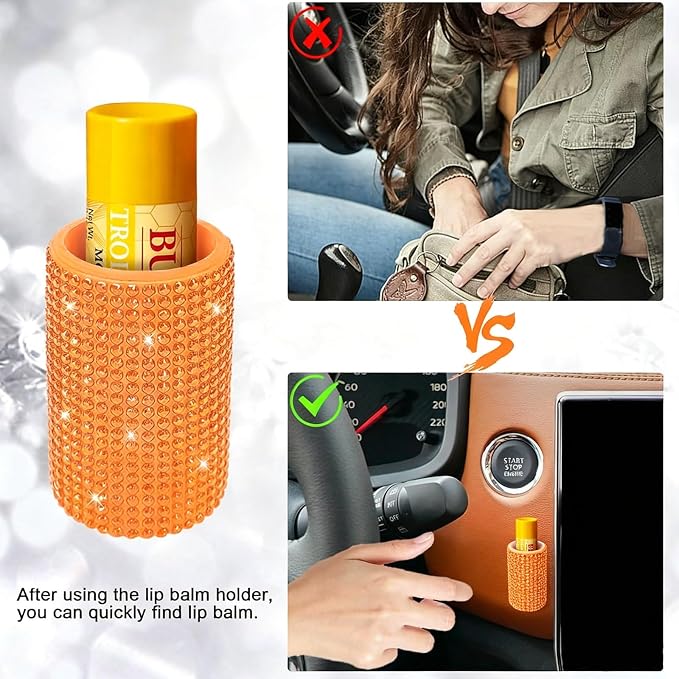 Upright Car Chapstick Holder, Bling Insulating Lip Balm Holder,Rhinestone Car Accessories for Women Interior ,Suitable for Most Vehicles. (Orange)