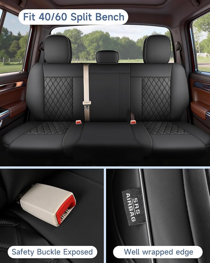 Umbrauto Custom Seat Covers fit for Dodge Ram 1500 2500 3500, Full Coverage Luxury Leather Ram Truck Seat Cover 2009-2025 Compatible with Crew Cab Double Quad Regular (Black, Full Set (Flat Rear))