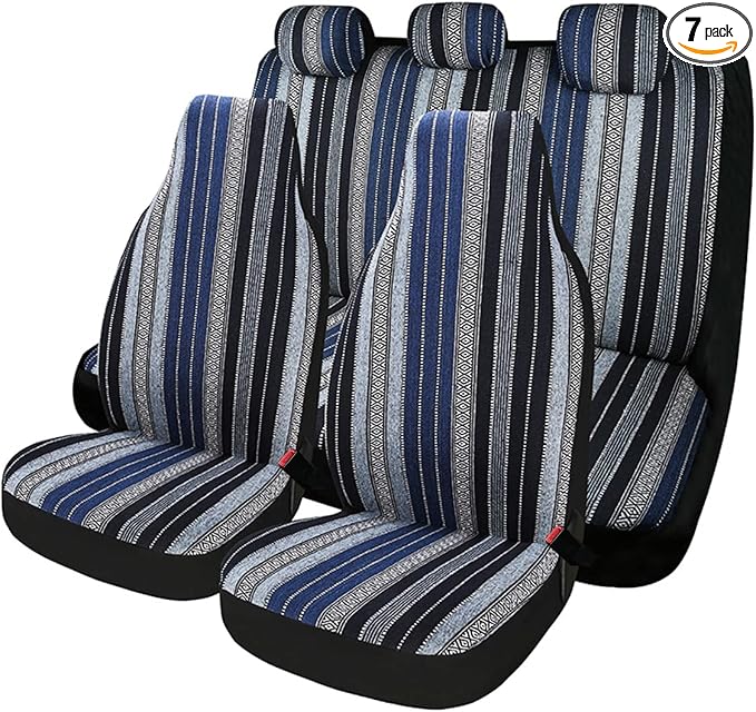 Baja Saddle Blanket Car Seat Covers 7PCS Full Set, Breathable and Washable Striped Woven Automotive Vehicle Seat Cover Universal for Sedan, SUV, Truck, Airbag Compatible