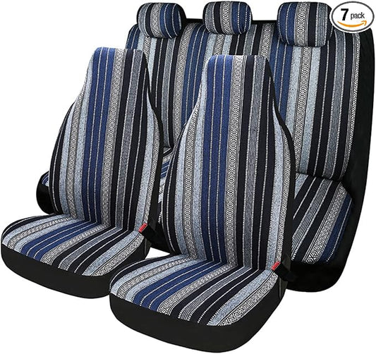 Baja Saddle Blanket Car Seat Covers 7PCS Full Set, Breathable and Washable Striped Woven Automotive Vehicle Seat Cover Universal for Sedan, SUV, Truck, Airbag Compatible