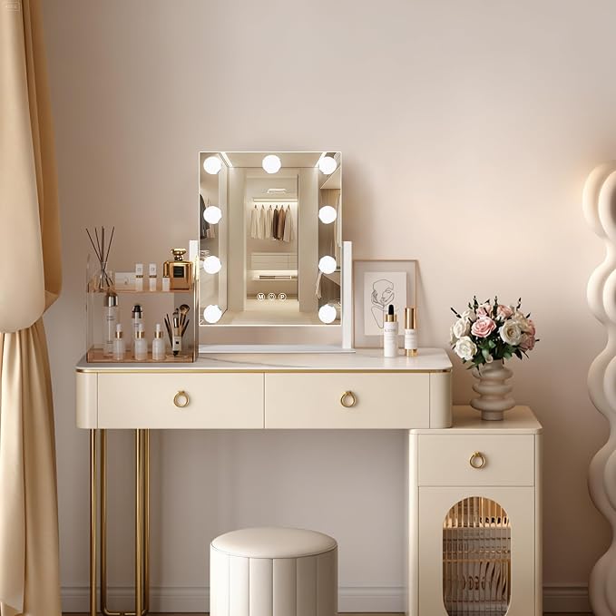 Ratsamee Hollywood Vanity Mirror with Lights, 12" x 14", 9 Dimmable Bulbs, 3 Color Lights, Make Up Lighted Mirror, 10x Magnification 360°Rotation White