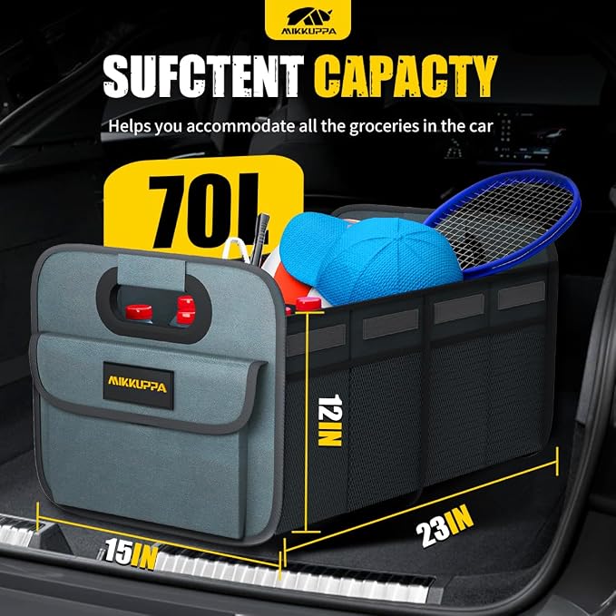 MIKKUPPA Car Trunk Organizer - 70L Collapsible Trunk Organizer with Reinforced Handles for Groceries, Car Storage Organizers for SUV Auto Truck Van with Non Slip Bottom (Gray)