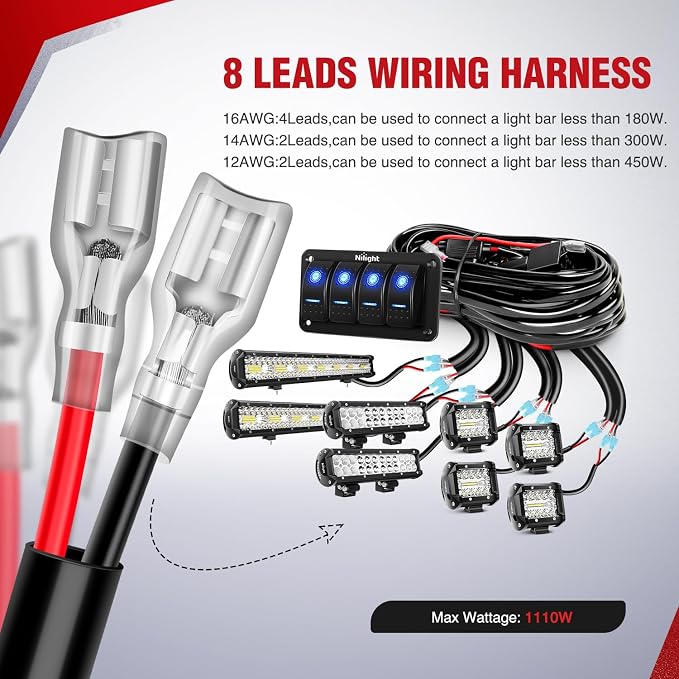 Nilight 16AWG 14AWG 12AWG LED Light Bar Wiring Harness Kit 12V On/Off 4 Gang Rocker Switch Panel Power Relay Blade Fuse 5Pin Toggle Switches for Cars Boat ATV Trucks-8 Leads