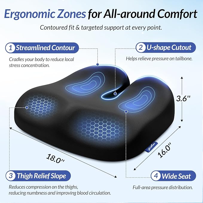 ZIKEE Ergonomic Seat Cushion with Thigh Slope for Long Sitting Comfort | Memory Foam Office Chair Cushion for Car, Home, U-Shaped Design Relieves Hip, Tailbone Pain, Sciatica Pain Relief, Non-Slip