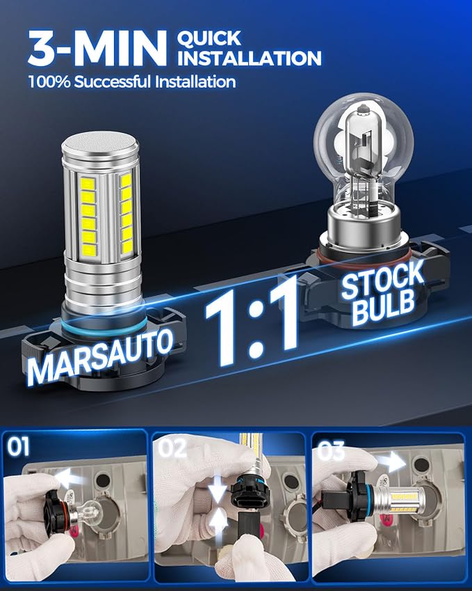Marsauto 5202 Led Fog Light Bulbs, 12,000 LM 360° Illumination Upgraded 60 Pcs Chips 5201 PS24W Fog Lights Led, 6500K White Strong Penetration 5201 Fog Light Bulb for Car, Pack of 2