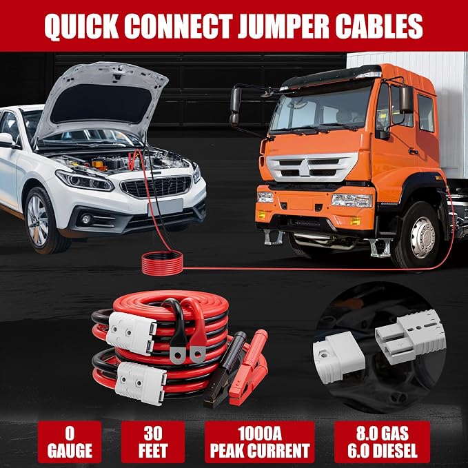 0 Gauge 30 FT Heavy Duty Jumper Cables for Car Battery, 1000Amp Quick Connect Booster Cables for Jump Starting Dead or Weak Batteries, Suitable for 8L Gas & 6L Diesel, Carrying Bag Included