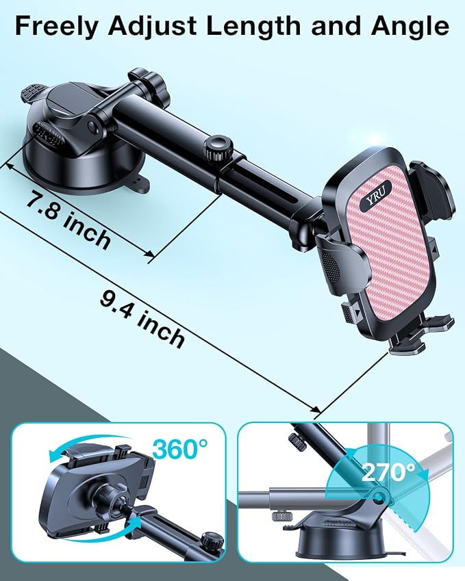 YRU True Military-Grade [360° Rotation Suction] 2026 Ultimate Car Phone Holder Mount【90+LBS Safest Strongest & Patent Certs】 Dash Windshield for iPhone 17 16 Pro Max Speakerphones, Pale Pink
