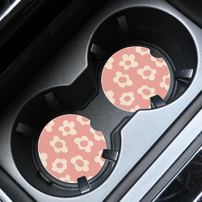 2pcs Pink and White Flowers Car Coasters,Absorbent Universal neoprener Cup Holder Coasters with a Finger Notch,Car Accessories for Women&Man Interior，2.75"