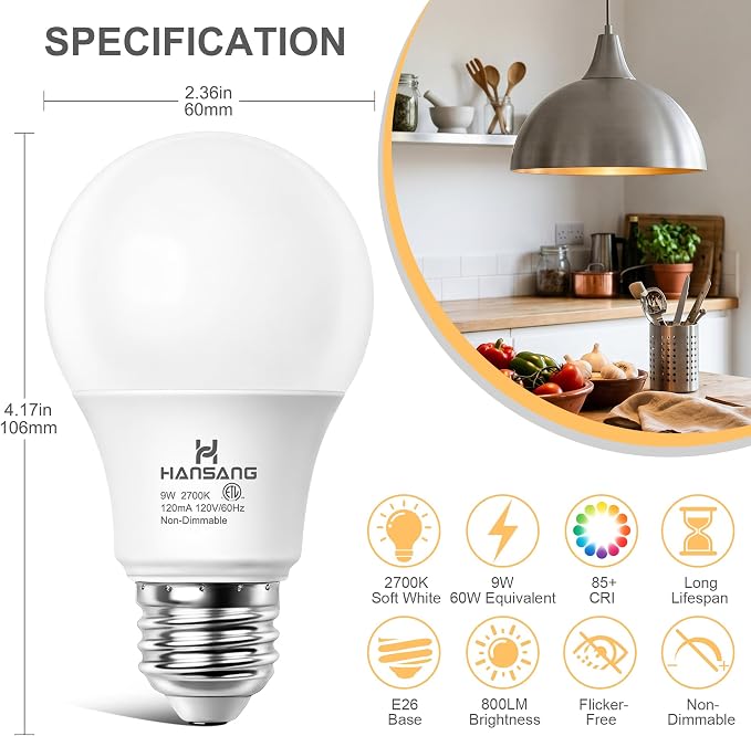 A19 LED Light Bulbs, 60W Equivalent, 2700K Soft Warm White LED Bulb with E26 Standard Base, Efficient 9W, Non-Dimmable, 800 Lumens, 120V, CRI 85, Eye-Friendly for Bedroom Living Room, 6 Pack