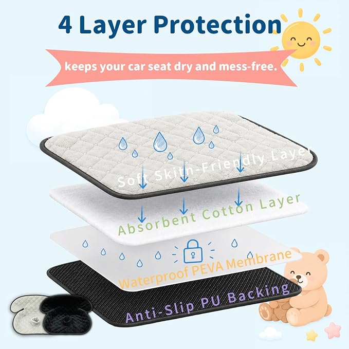 Wonderkin 2-Pack Potty Training Car Seat Protector, Waterproof Car Seat Liner, Non-Slip Leak-Proof Piddle Pads,Washable Cover Fits Car Seats Strollers Bouncers, Ages 6 Months to 4 Years (Grey+Black)