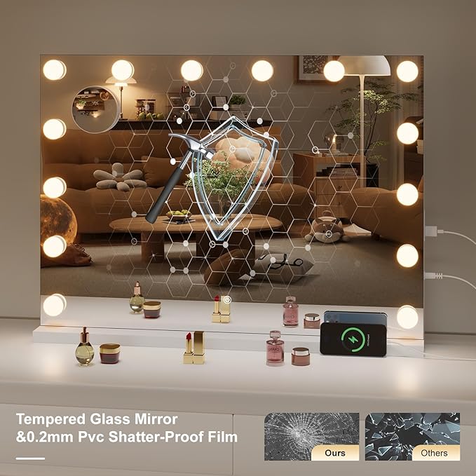 Hasipu Hollywood Vanity Mirror with Lights, 35" x 24" Makeup Mirror with 16 Dimmable LED Bulbs 3 Color Modes & Detachable, 5X Magnifying Glass, Touch Control, USB and Type-C, Tempered Glass