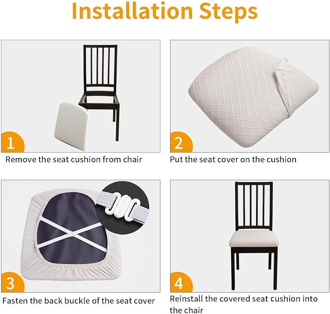 Fuloon Waterproof Seat Cushion Covers 6 PCS, Stretch Jacquard Chair Seat Covers Washable Dining Room Chair Slipcovers Removable Kitchen Cushion Protector (6, Waterproof-Pale Beige)