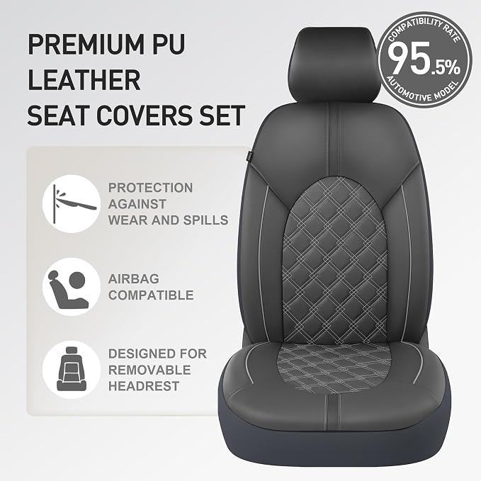 CAROMOP Luxury PU Leather Car Seat Covers Front Set - Anti-Stain Waterproof Automotive Seat Covers for Cars - Universal Car Interior Covers Seat Protectors for Sedans SUVs Pick-up Trucks (Gray)