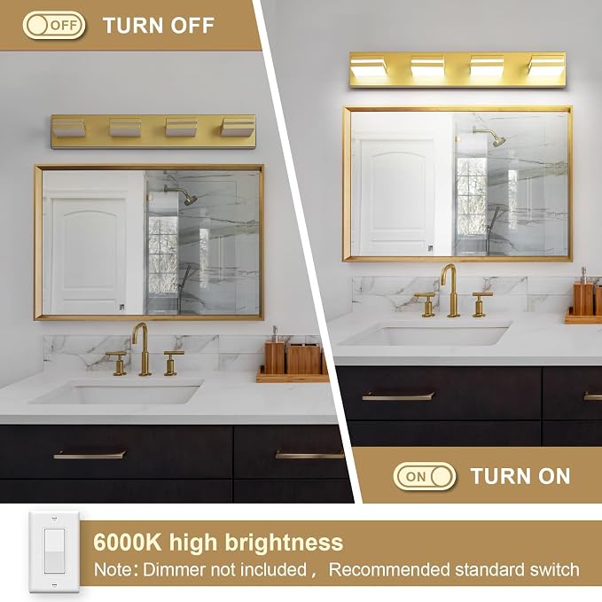 Modern LED Bathroom Lights Fixtures 4-Light,Metal Gold Acrylic Wall Lighting,Vanity Lights for Bathroom Over Mirror 6000k 27in
