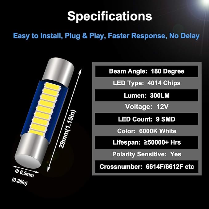 6PCS 28mm 29mm 6614F Festoon LED Car Bulb, Extremely Bright 9-SMD 4014 chips 6641 6612F LED Bulb, Fit for Vanity Mirror Lights and Sun Visor Lights, 6000k White