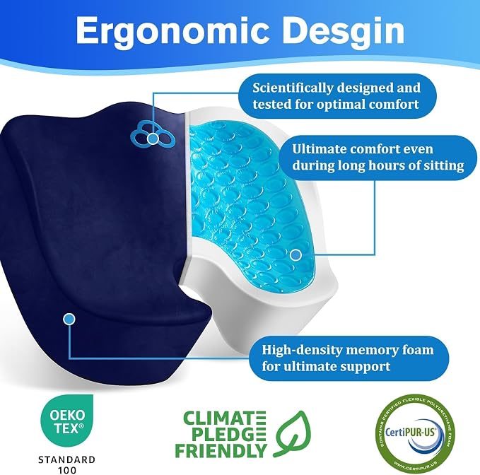 CushyOasis Seat Cushion, Gel Chair Cushions, Office Chair Cushions, Anti-Slip Bottom & Removable Cover Tailbone Pain Relief Cushion, Memory Foam Seat Cushion, 5.28 in Thick (Blue)