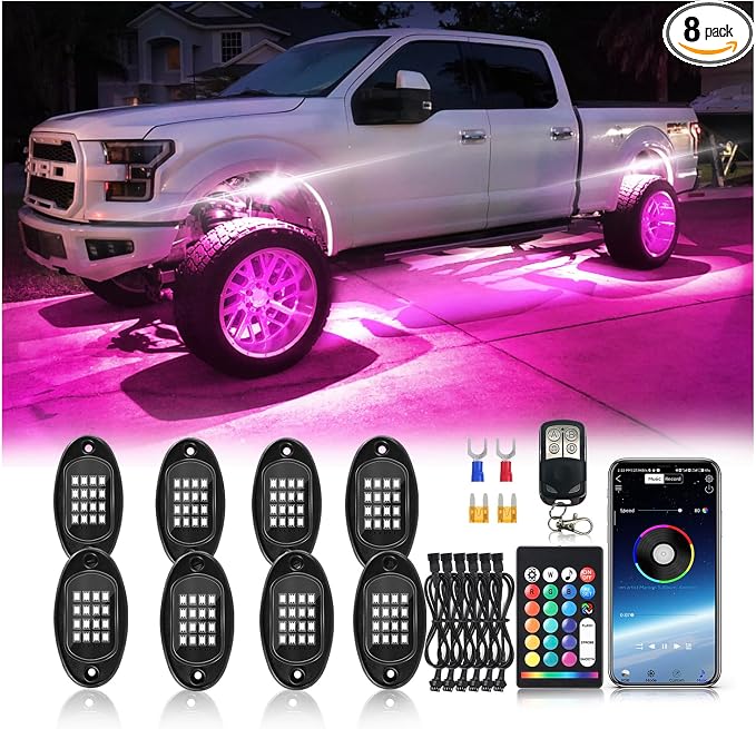 8Pods Segmented RGB LED Rock Lights Kit with APP/RF Remote Control, Upgraded Multicolor Underglow Neon Brake Light Music Mode Waterproof 12V Fender Lights for Trucks Pickup Jeep Golf Cart ATV UTV