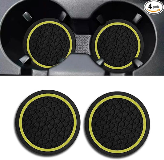 Car Cup Holder Coasters, Dustproof Automotive Interior Accessories Mat,2.75 Inch Non-Slip Insert Water Bottle Holder Pads, Universal for Vehicles, Trucks, RVs and More (Black/Yellow, 2PCS)