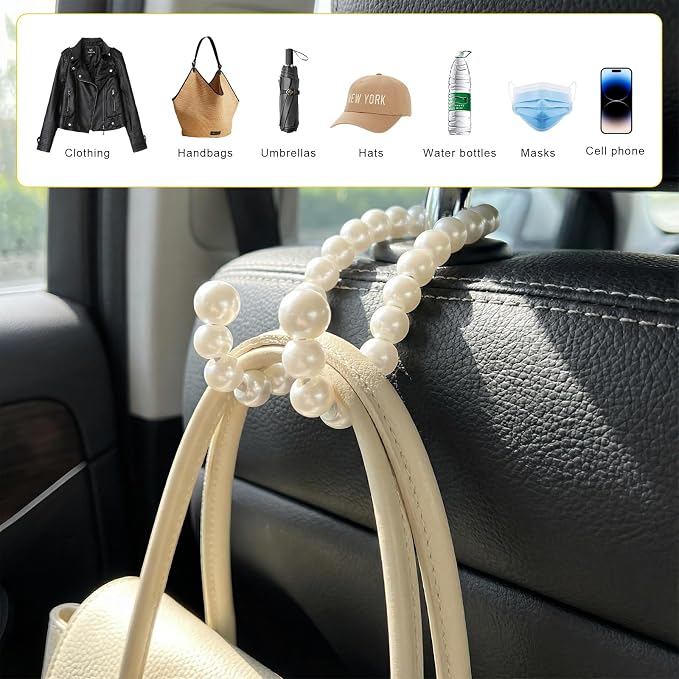 2 PCS Elegant Pearl Car Seat Headrest Hook, Strong Load-Bearing Vehicle Back Seat Hanger Cute Pearl Hook, Auto Decorative Headrest Storage Hanger for Purse Handbag Grocery Bag