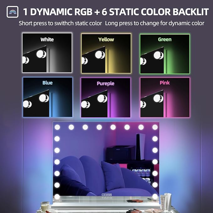 VANITII Large Vanity Mirror with RGB Lights 40"x32" Hollywood Mirror with Lights and Speaker Lighted Makeup Mirror with 20 LED Bulbs Dimmable Smart Touch Mirror for Desktop Wall-Mount