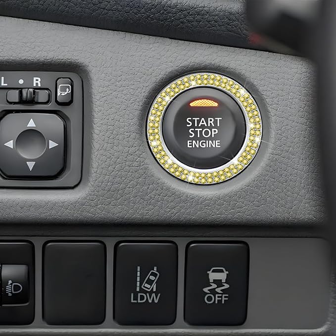 Bling Car Engine Start Ring Decals, 2PCS Sparkling Crystal Rhinestone Vehicle Push to Start Button Sticker, Diamond Auto Key Ignition Knob Decorative Ring, Universal for Vehicles (Yellow)