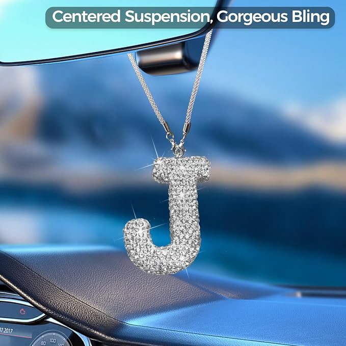 Bling Car Accessories for Women Letter Charm, Rear View Mirror Ornament Cute Hanging Crystal Pendant Girl Car Decorations, Lucky Diamond Rhinestone Girly Charm Interior (White J)