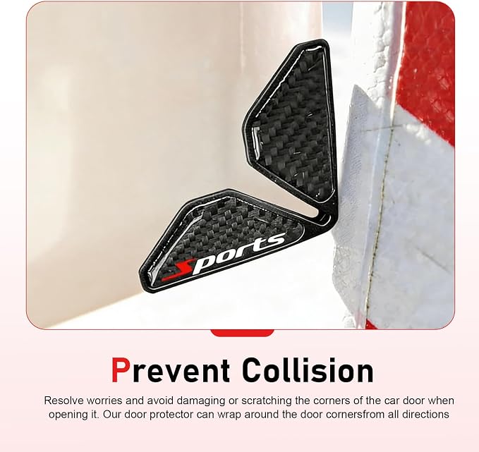 2 PCS Car Door Corner Edge Guards, Thickened PVC Anti-collision Door Corner Protector, Carbon Fiber "Sports" Label Decorative Cover, Self-adhesive Exterior Accessory for Cars (Black)